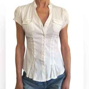 Cotton Express Asian Collar Button-Down cinch puffy sleeve blouse